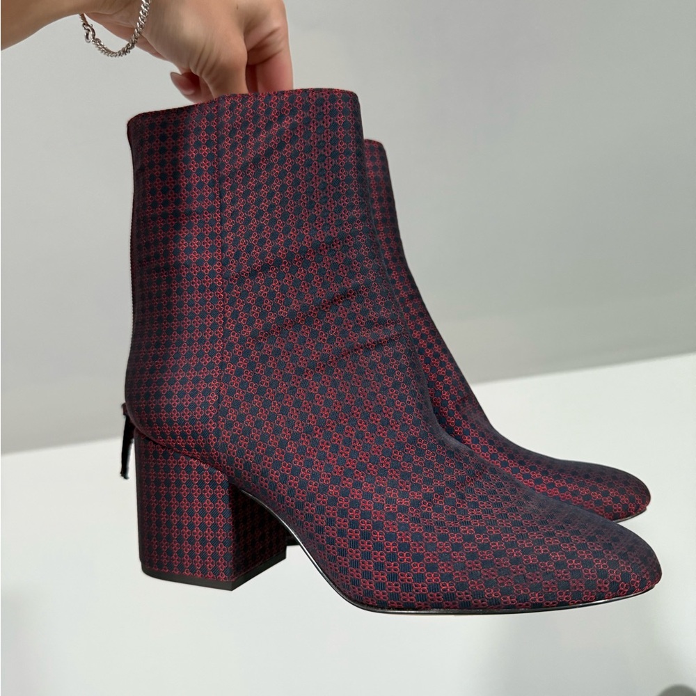 J. Crew Red and Black Patterned Ankle Boots